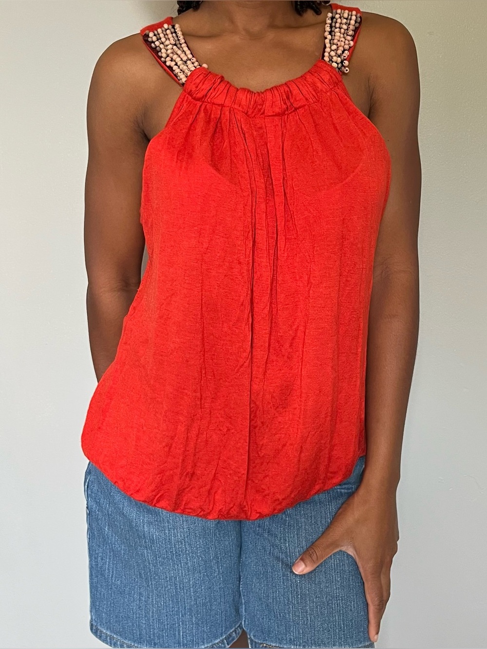 2000s y2k orange boho beaded high neck tank top with cinching at the waist